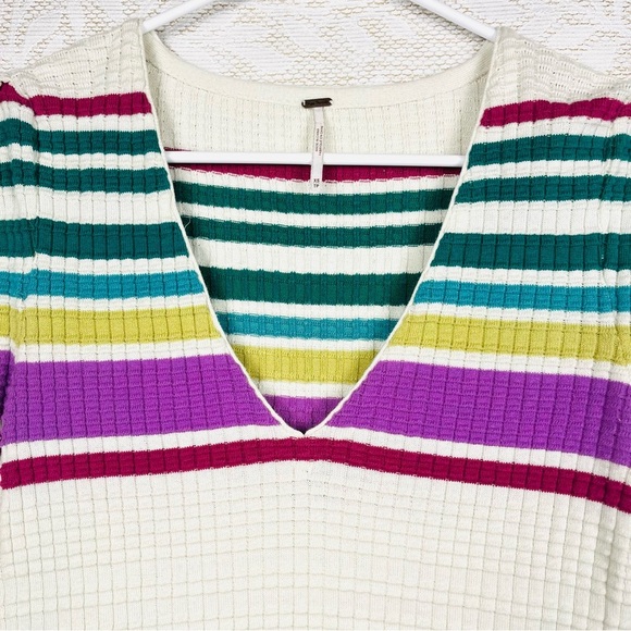 Free People Striped Multicolor Gidget Waffle Knit V-Neck Sweater Dress - Picture 3 of 6